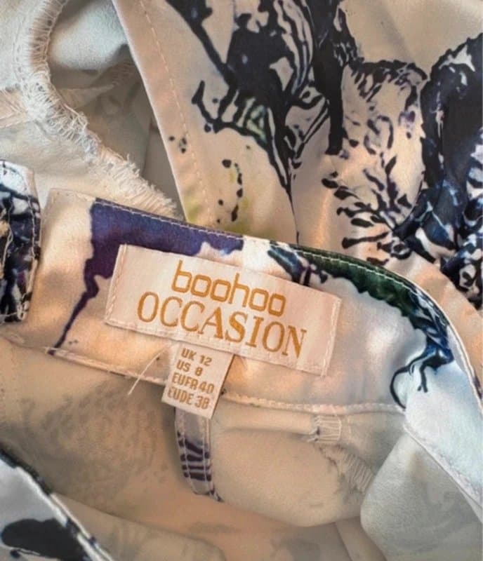 Boohoo Boohoo Occasion Satin Floral Open Back Playsuit UK 12 White Blue Wedding Guest Party Coquette