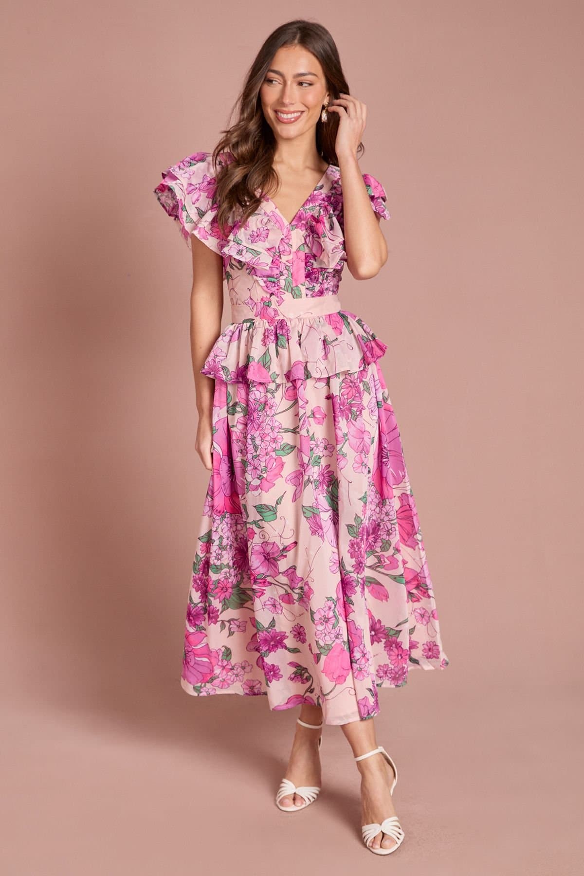 Coast Coast Women's Printed V Neck Organza Ruffle Midi Dress in Pink