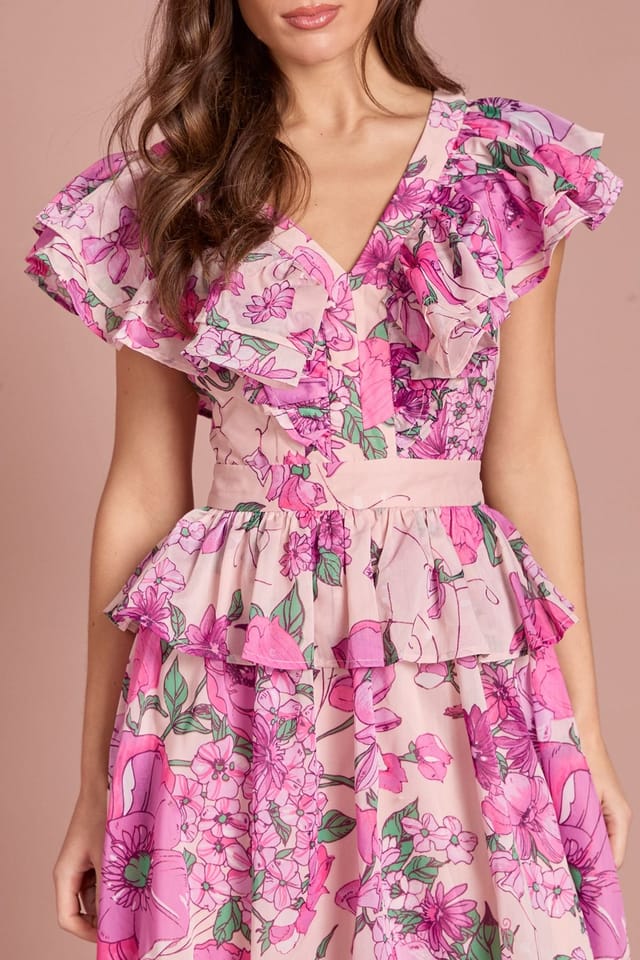 Coast Coast Women's Printed V Neck Organza Ruffle Midi Dress in Pink - 2