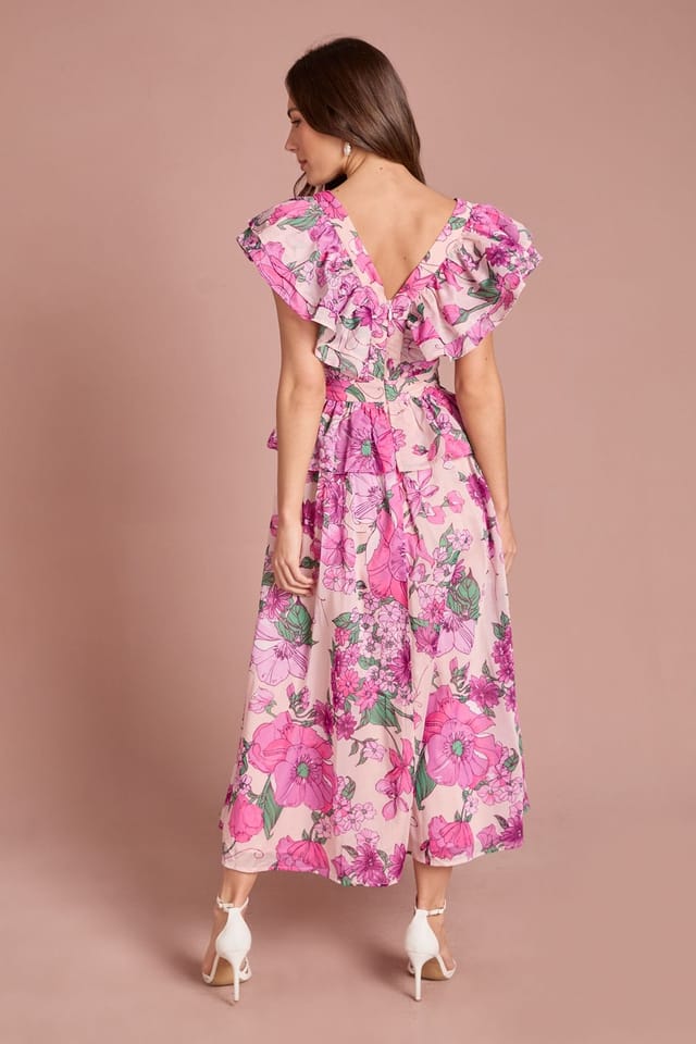 Coast Coast Women's Printed V Neck Organza Ruffle Midi Dress in Pink - 3
