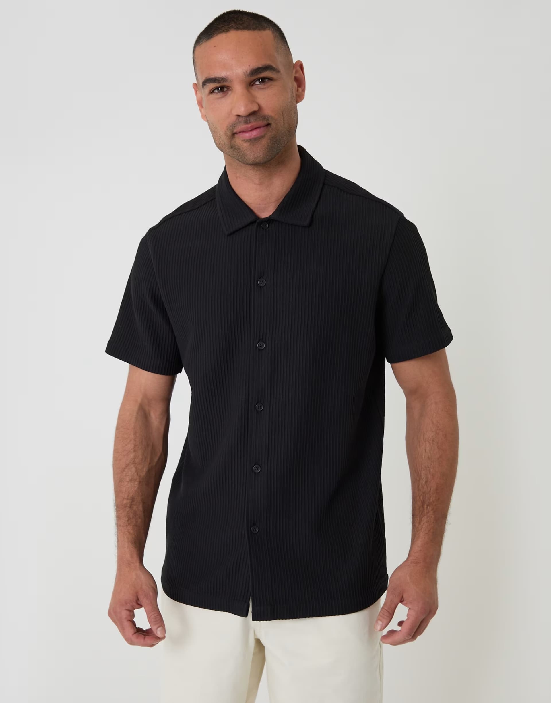 ASOS Threadbare Plisse rib short sleeve shirt in black