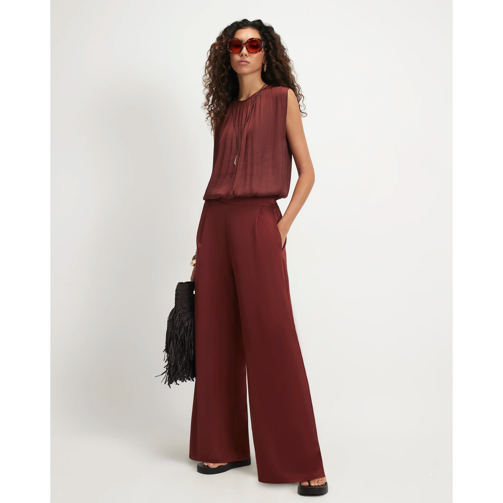 River Island River Island Womens Brown Satin Wide Leg Trousers