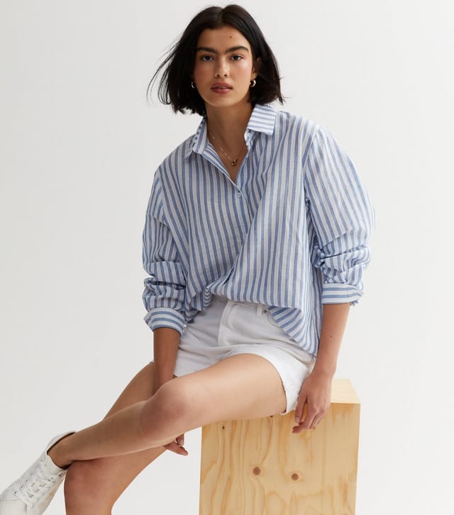 Gini London Women's Blue Cotton Stripe Oversized Shirt Gini London New Look - 2