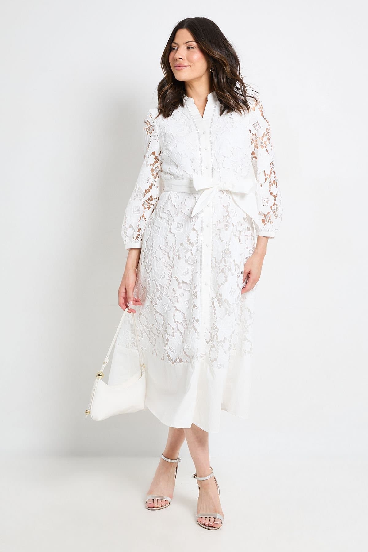 Wallis Wallis Women's Lace Insert Midi Shirt Dress in Ivory