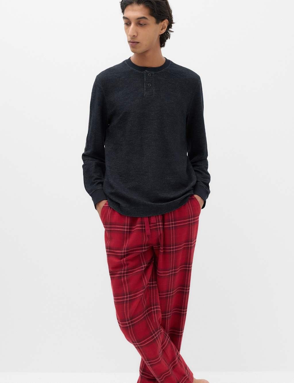 Marks & Spencer M&S Cotton Rich Textured Henley Loungewear Top Denim Mix