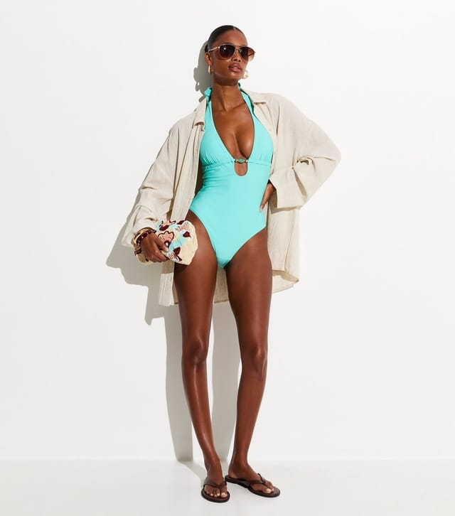 New Look Women's Turquoise Tummy Control Plunge Bead Swimsuit New Look - 3