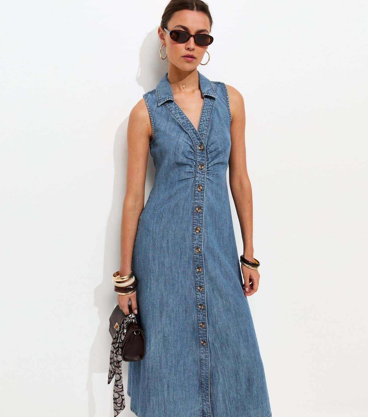 New Look Women's Mid Blue Wash Rouched A-line Midi Dress New Look