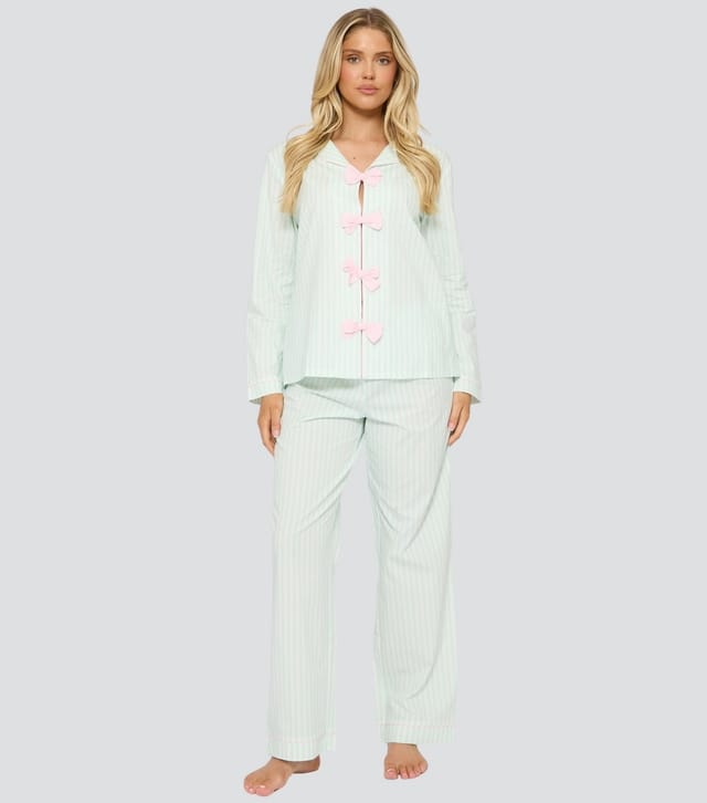 Loungeable Women's Loungeable Green Striped Bow Applique Pyjama Set Loungeable New Look - 2