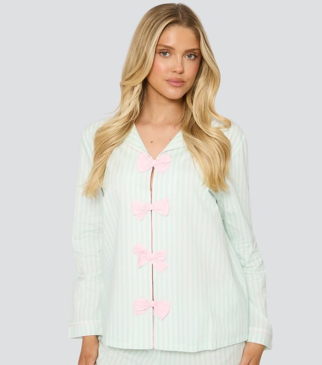 Loungeable Women's Loungeable Green Striped Bow Applique Pyjama Set Loungeable New Look - 3