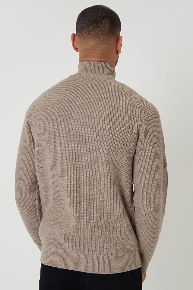 Threadbare Threadbare Men's Cotton Blend Rib Panel Quarter Zip Knitted Jumper in Taupe - 2