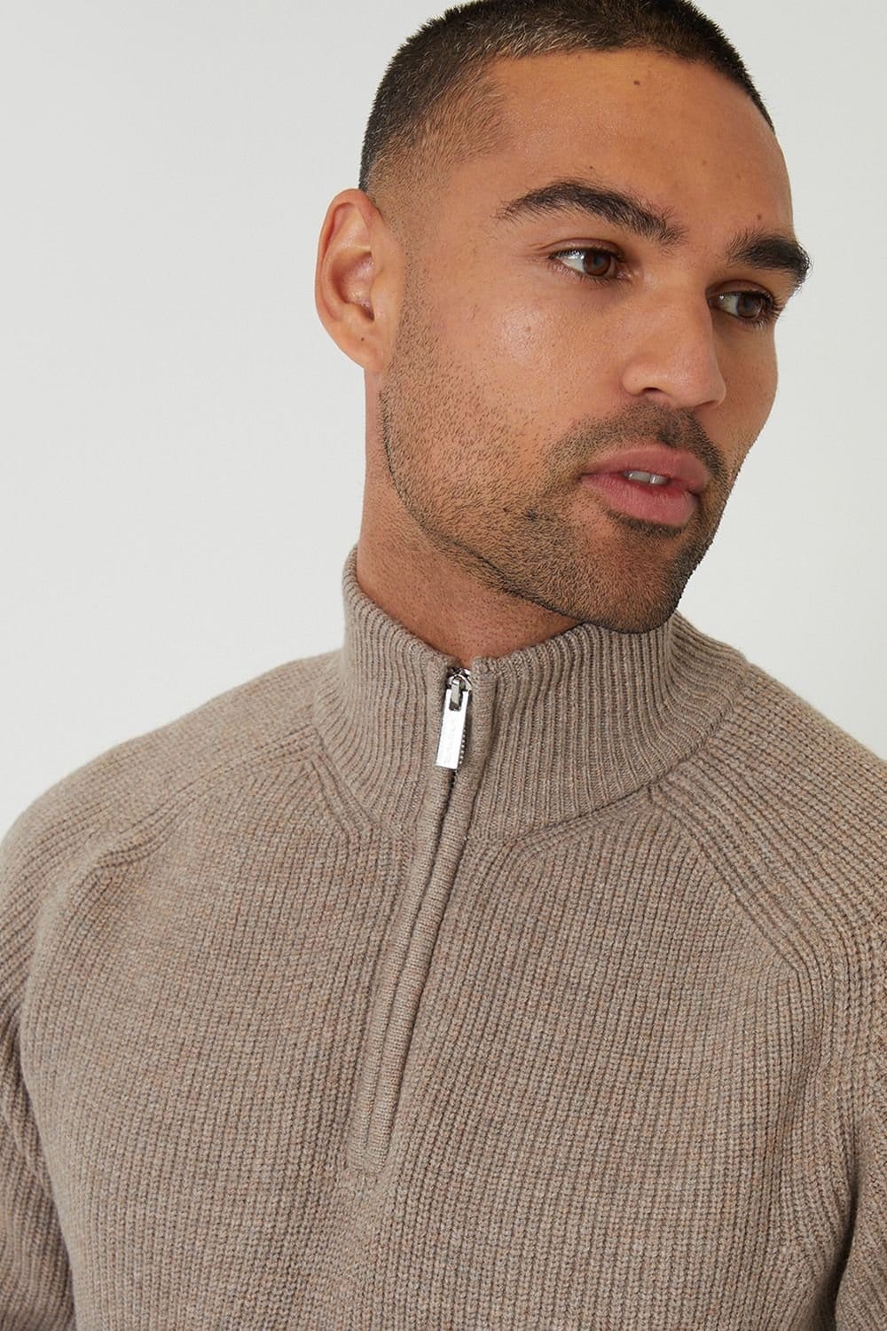 Threadbare Threadbare Men's Cotton Blend Rib Panel Quarter Zip Knitted Jumper in Taupe - 4