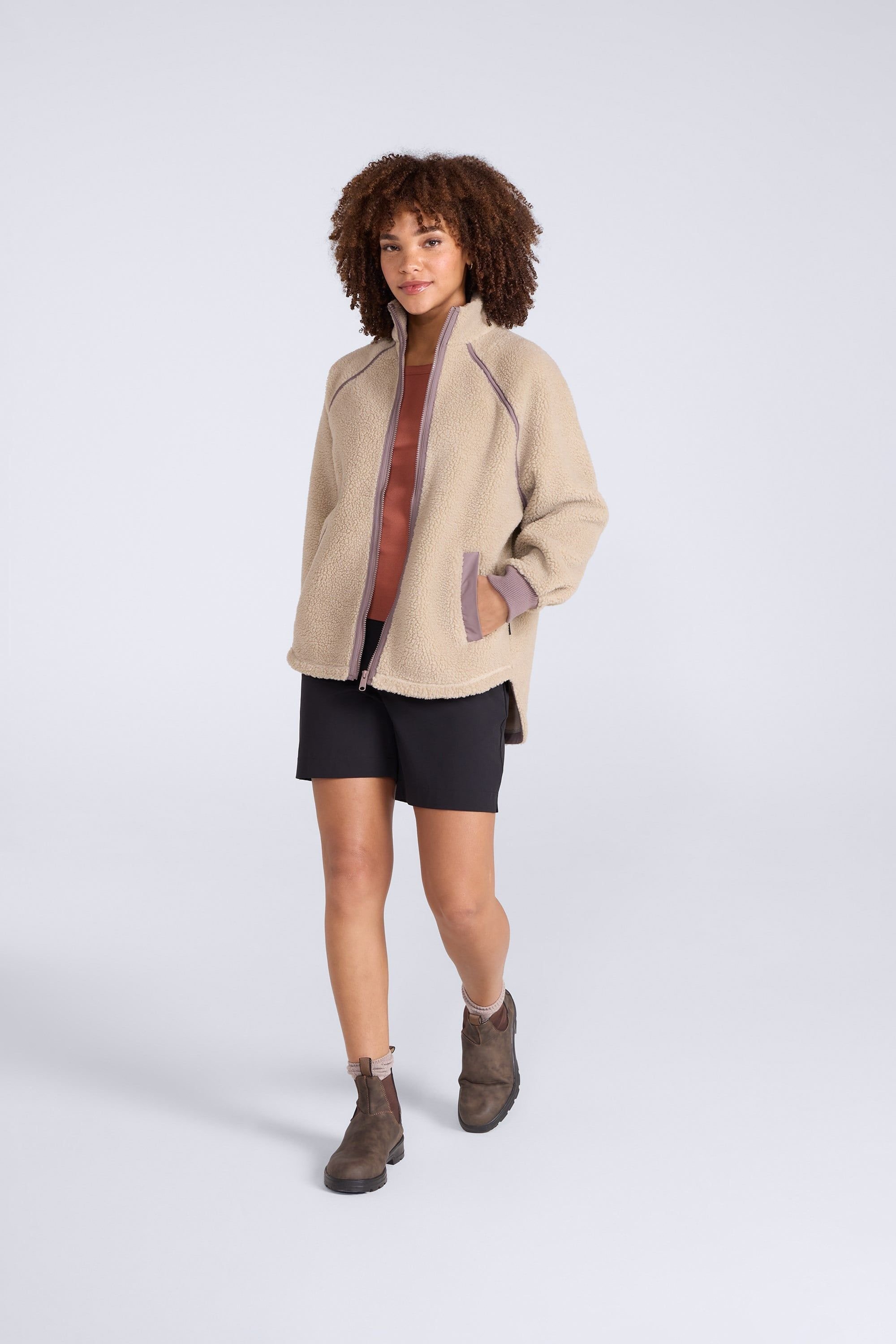 Animal Animal Women's 'Bonnie' Soft Borg Contrast Trim Warm Casual Full Zip Fleece Jacket in Medium Beige - 2