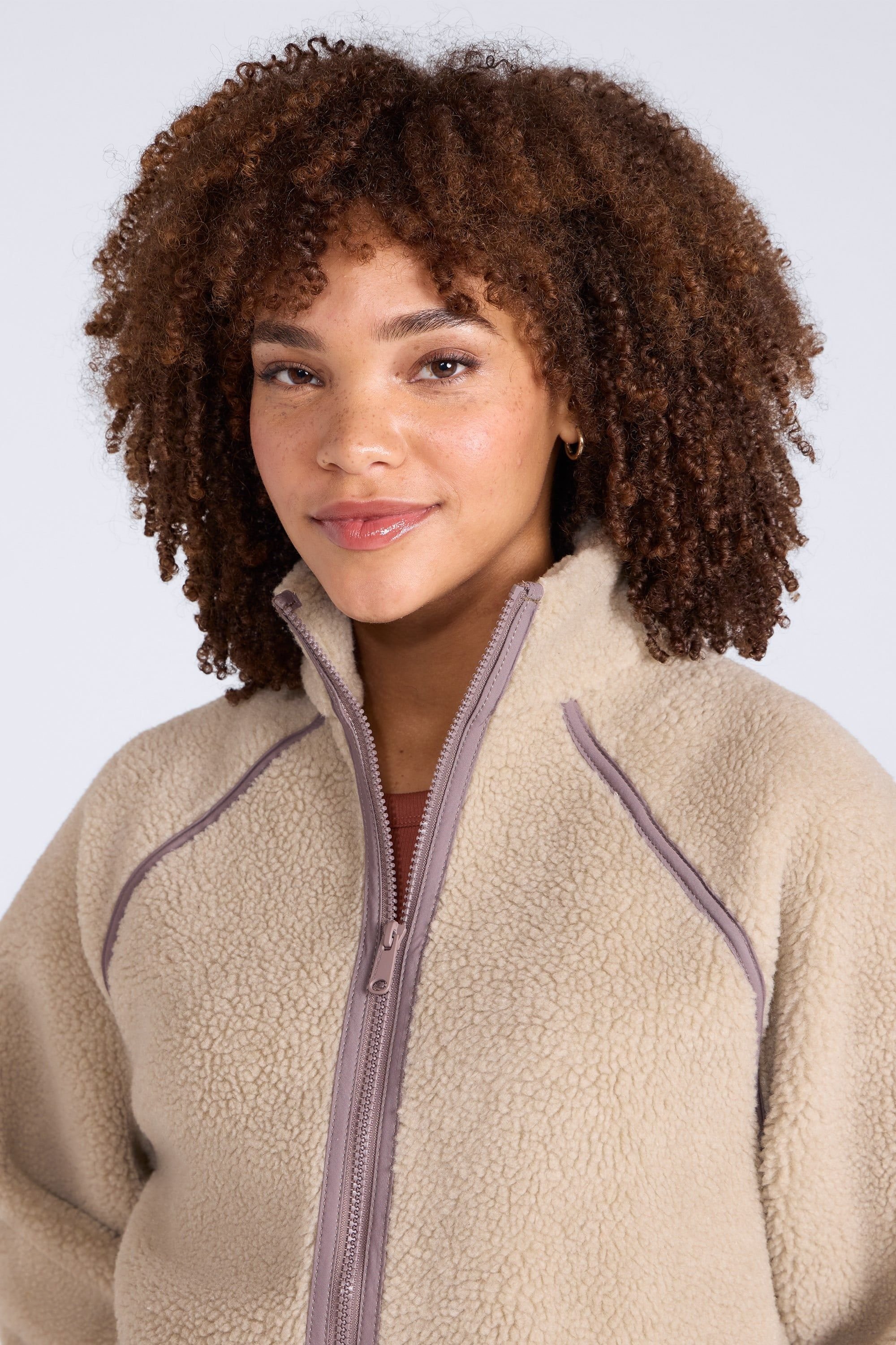 Animal Animal Women's 'Bonnie' Soft Borg Contrast Trim Warm Casual Full Zip Fleece Jacket in Medium Beige - 3
