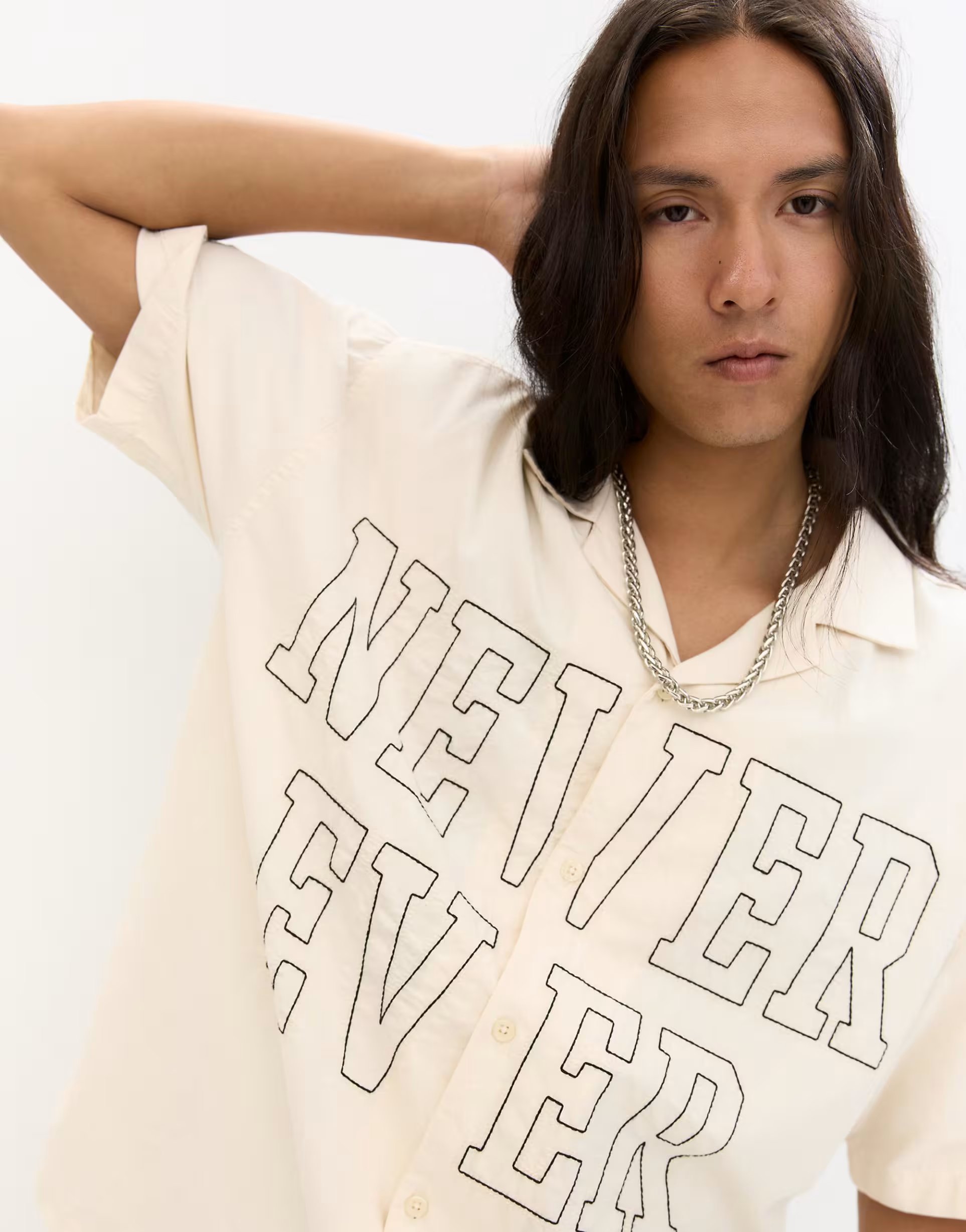 ASOS Pull&Bear Short sleeve shirt with embroidered slogan in off white - 1