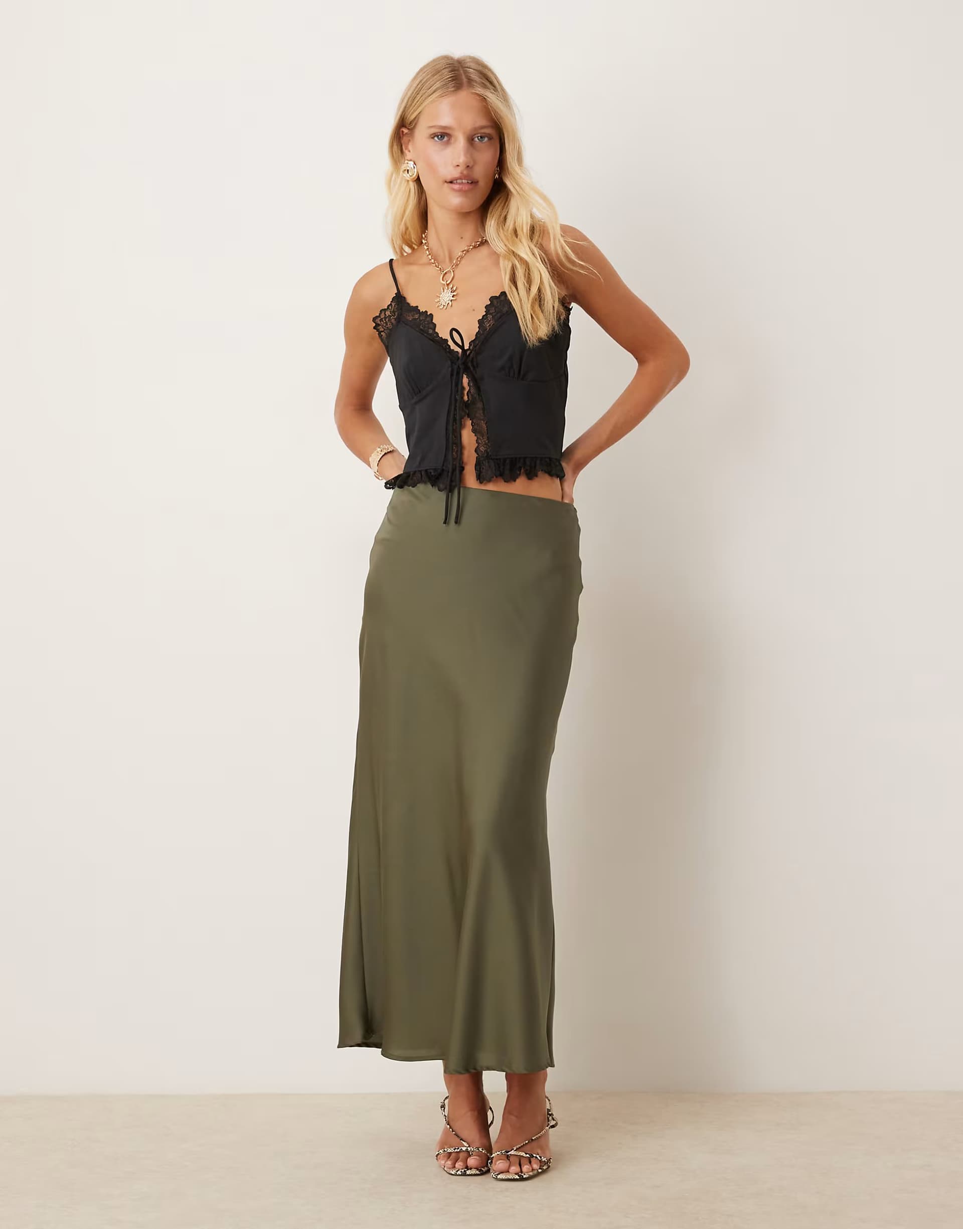 ASOS Vila satin maxi skirt in olive green