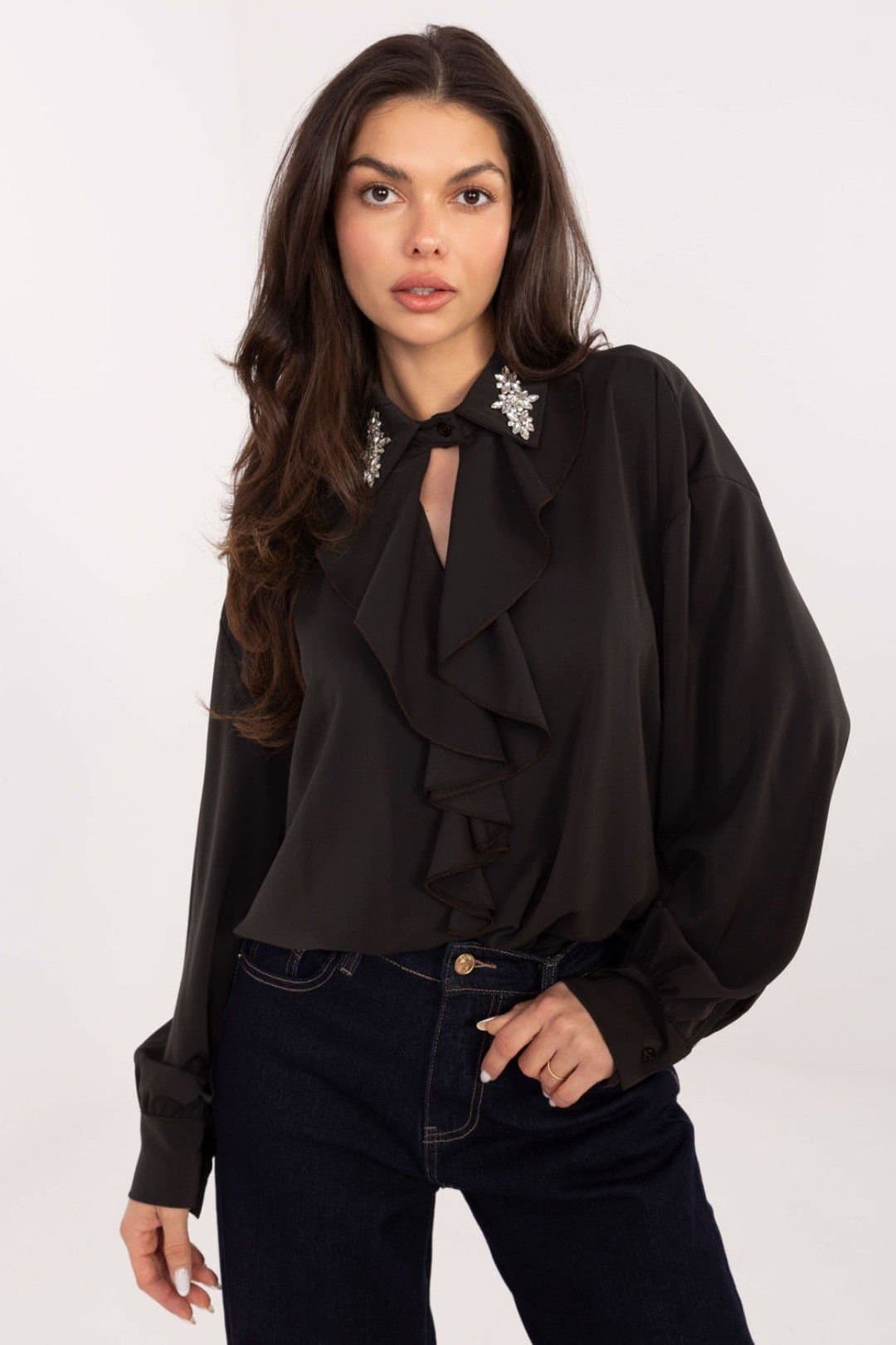 Love Lace Love Lace Women's Elegant Long Sleeve Jabot Blouse for Evenings in Black