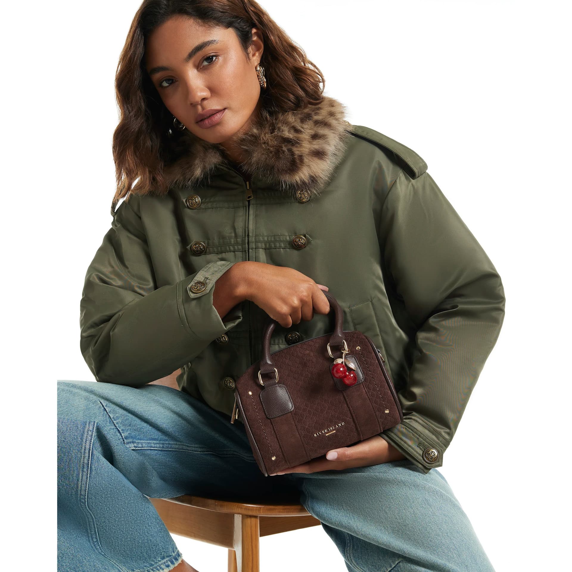 River Island River Island Womens Brown Faux Suede Monogram Boxy Bowler Bag