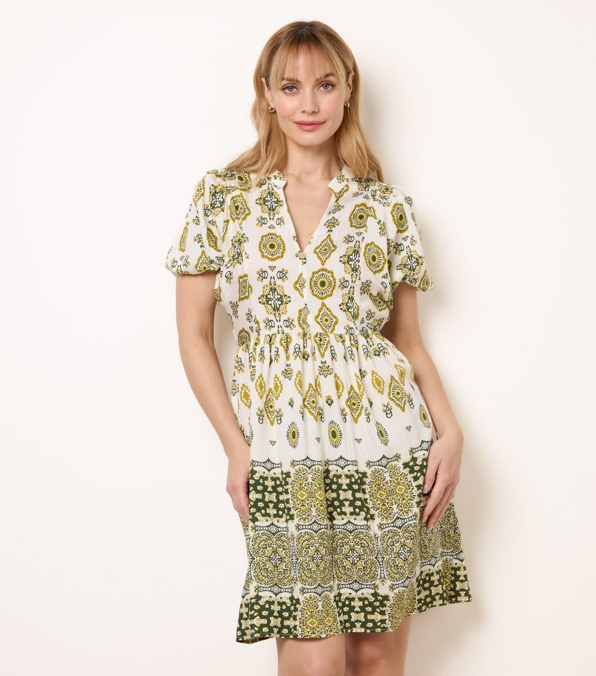Blue Vanilla Women's Green Border Print Mini Dress Blue Vanilla New Look