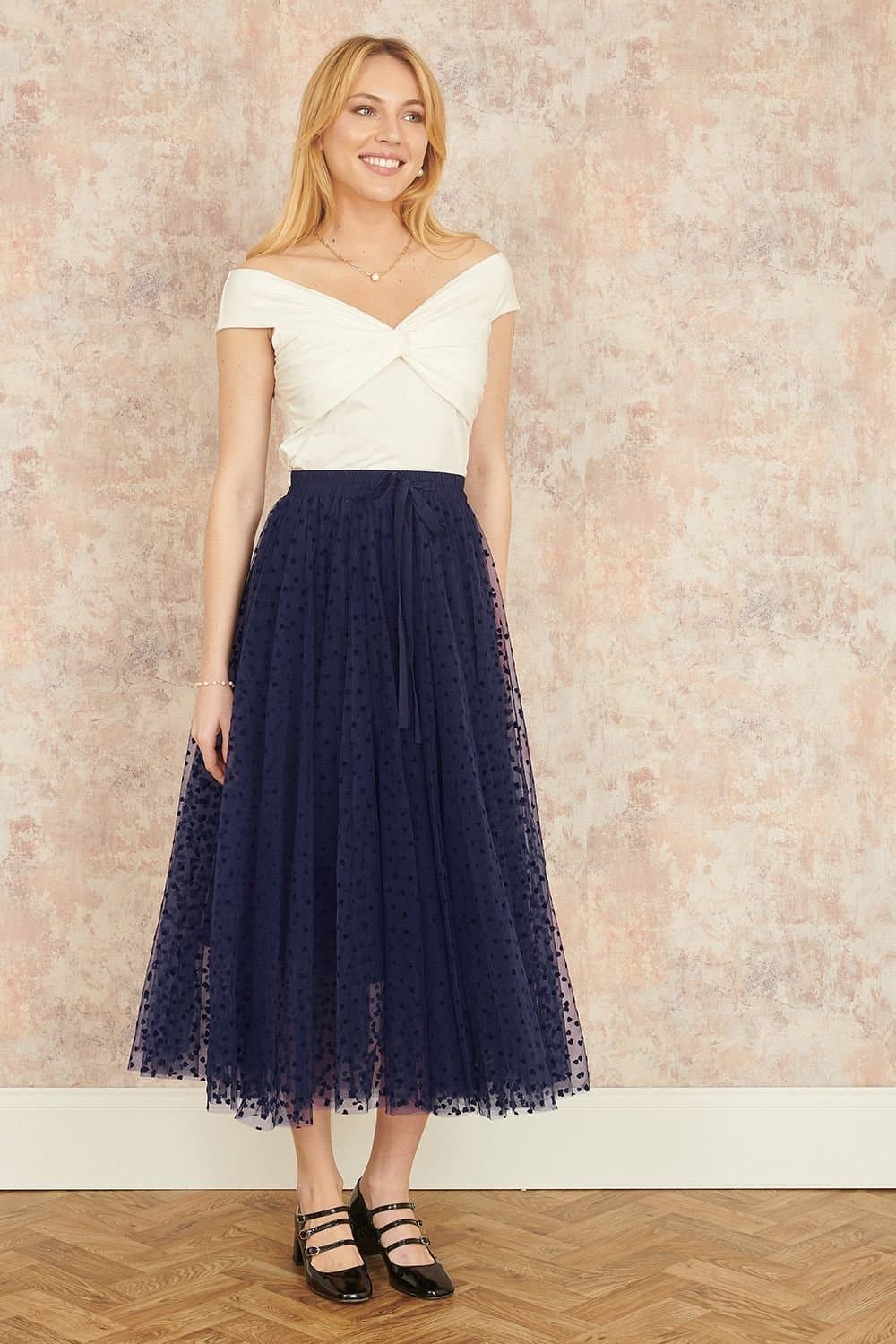 Yumi Yumi Navy Mesh Heart Print Tulle Skirt