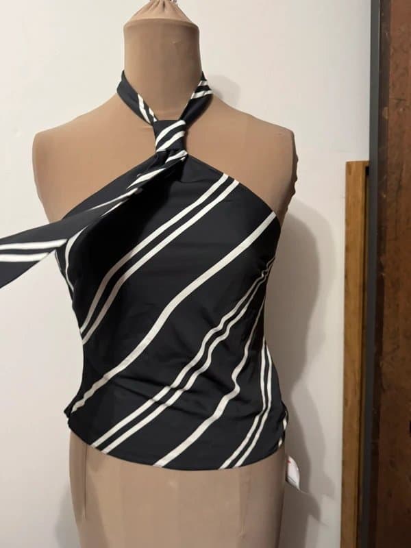 ASOS Design halter neck top black white stripes tie office the dare core blouse size 8