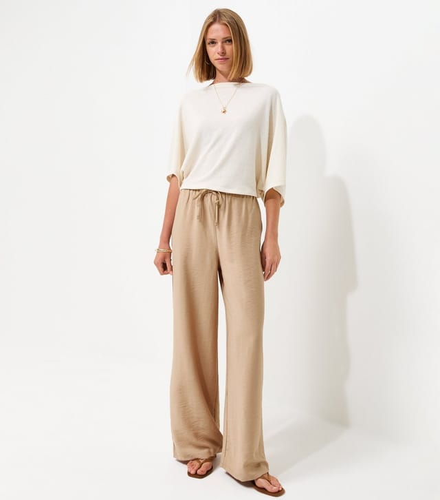 New Look Women's Stone Woven Drawstring Wide Leg Trousers New Look - 3
