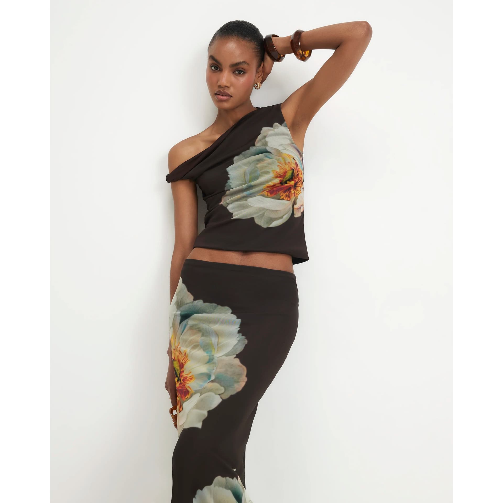 River Island River Island Womens Brown Mesh Floral Print Maxi Skirt