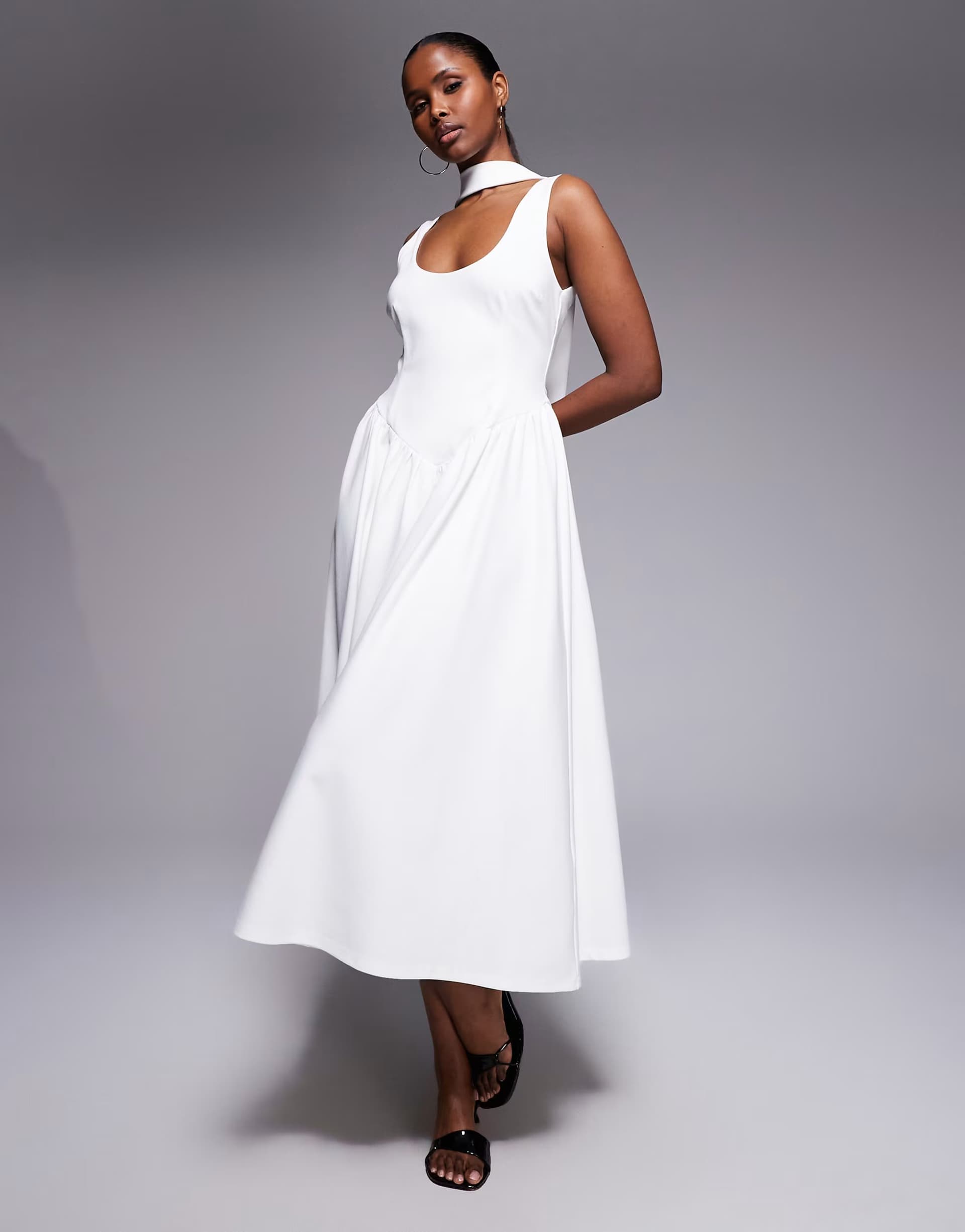 ASOS Kaiia exclusive scoop neck scarf detail dropped basque waist maxi dress in white