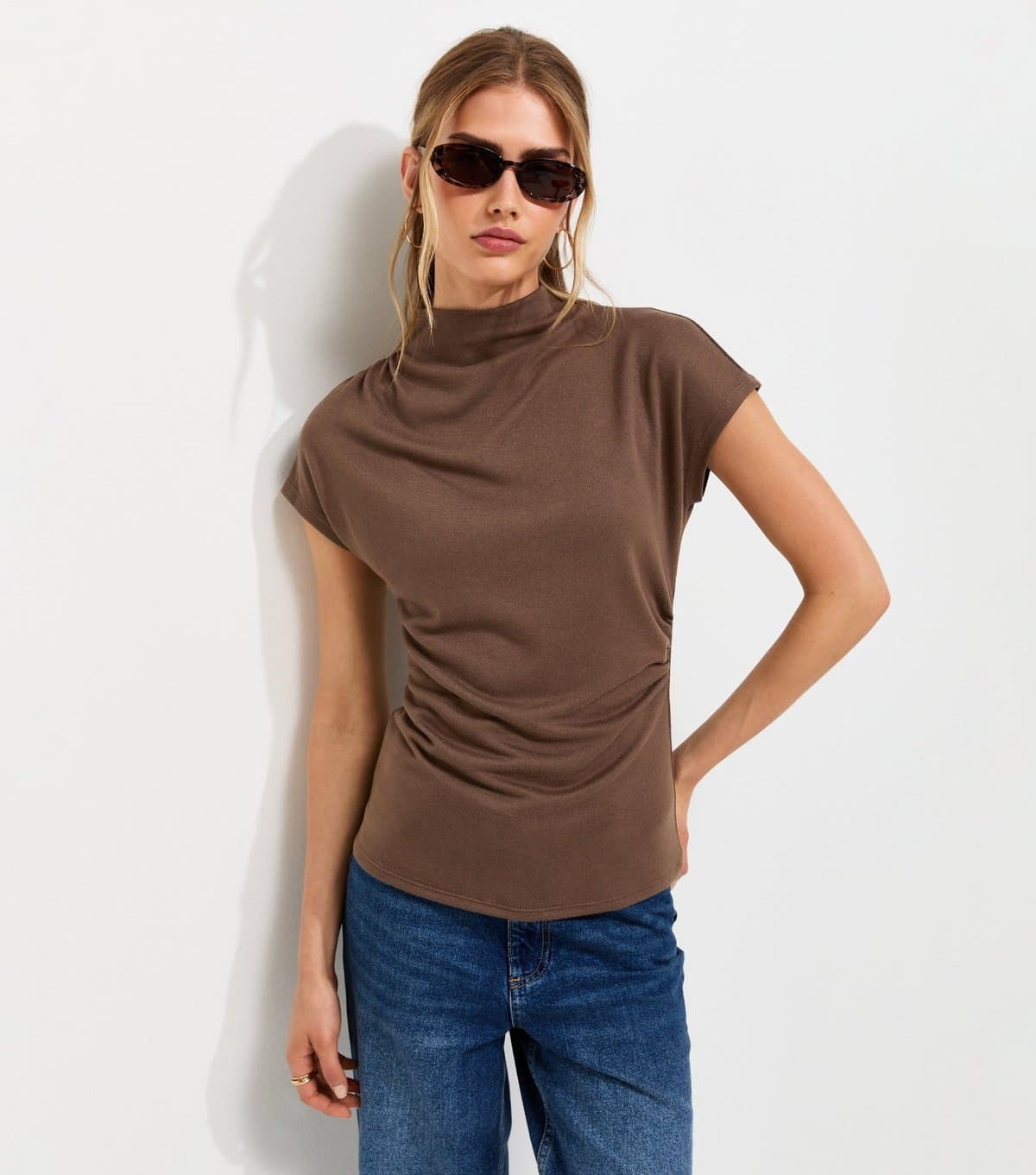New Look Women's Dark Mink Soft Touch Draped High Neck T-Shirt New Look