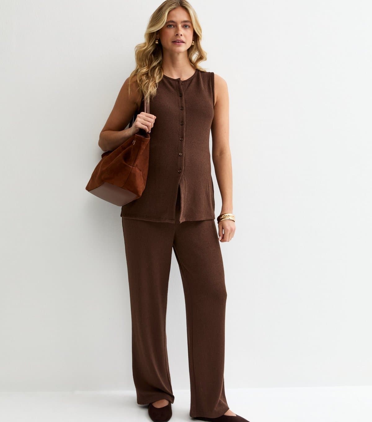 New Look Women's Maternity Dark Brown Textured Wide Leg Trousers New Look