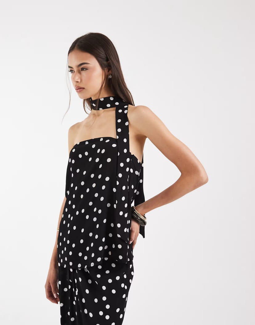 ASOS Vero Moda Tall woven bandeau top with scarf detail co-ord in black and white polka dot - 1