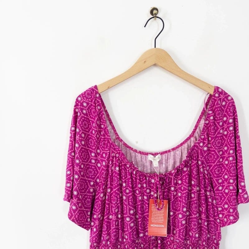 Monsoon Monsoon Pink Geo Floral Midi Maxi Dress Size L 16 18 NEW Boho Jersey Stretch - 1