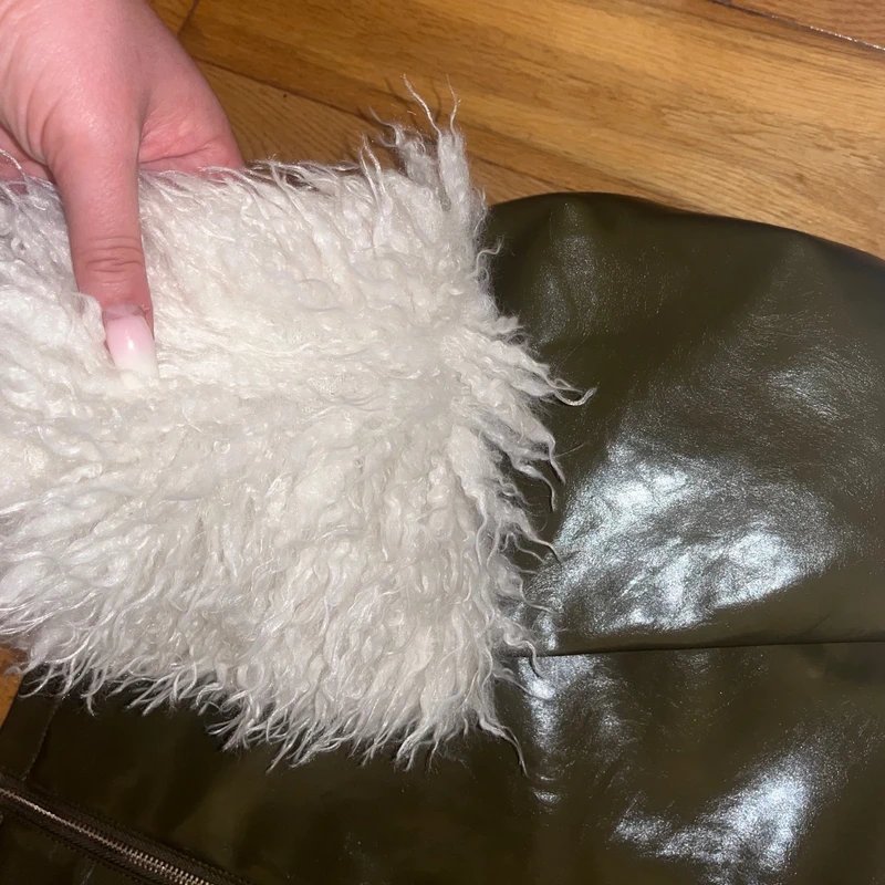 Urban Outfitters Urban Outfitters Khaki Leather Style Jacket Fluffy Fur Trim Collar Cuffs L - 1