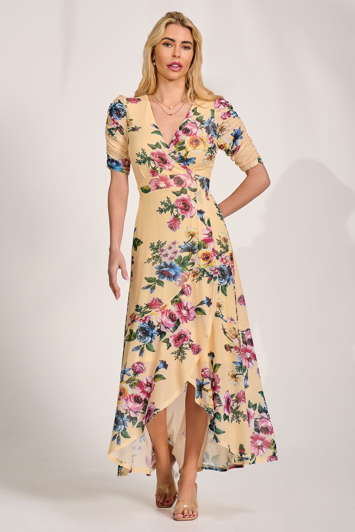 Jolie Moi Jolie Moi Women's Ruched Sleeve Mesh Maxi Dress in Yellow - 4