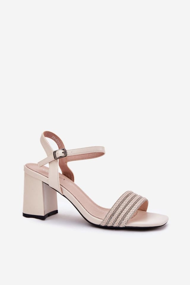 Love Lace Love Lace Women's Front Braided Zircon Strap Column Heel Sandals Buckle in Beige - 2