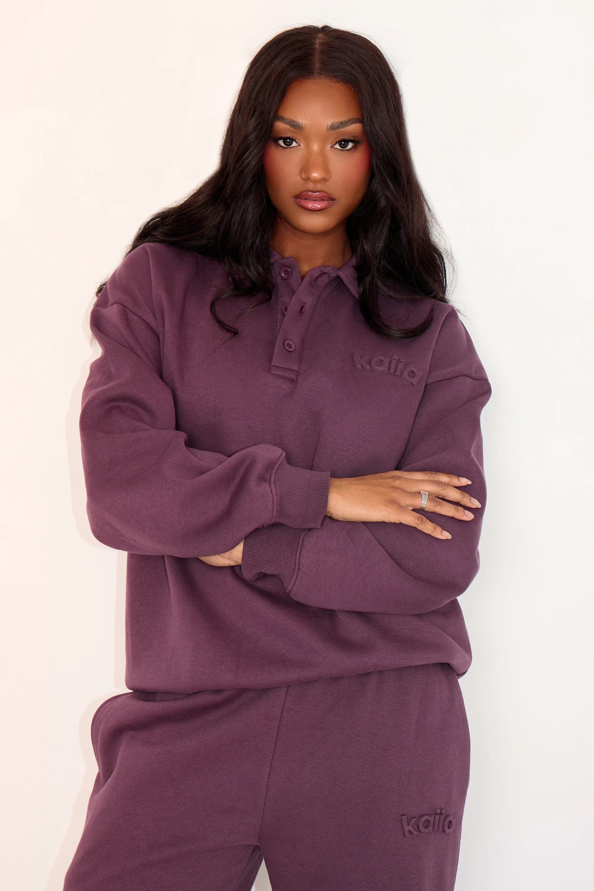 Kaiia Aubergine Button Embossed Logo Polo Sweatshirt