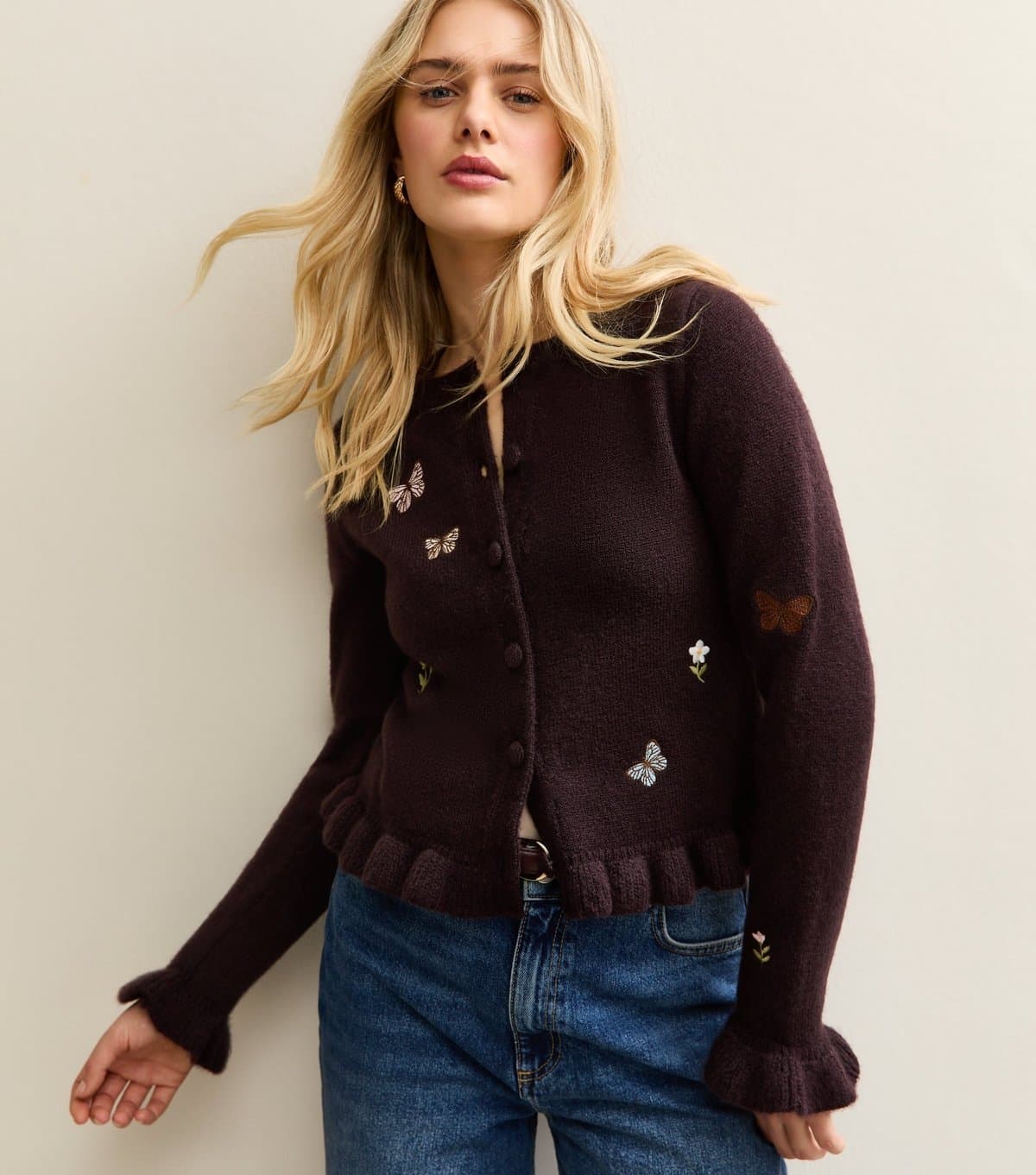 New Look Women's Light Purple Embroidered Butterfly Frill Hem Cardigan New Look