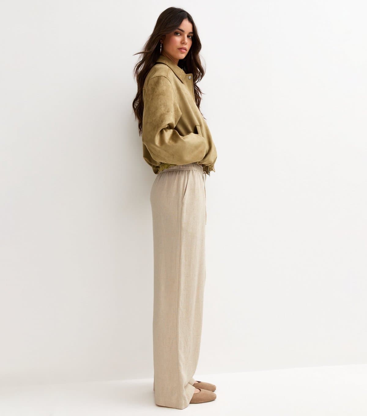 New Look Women's Stone Linen Look Wide Leg Drawstring Trousers New Look