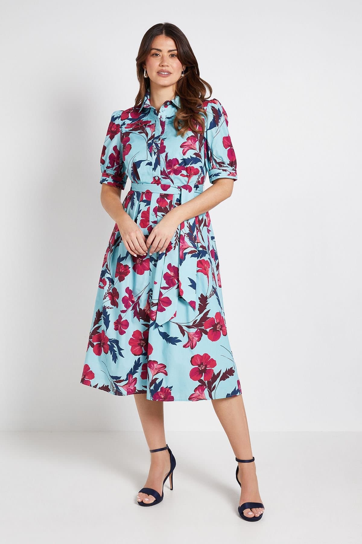 Wallis Wallis Women's Floral Print Pintuck Midi Shirt Dress in Blue