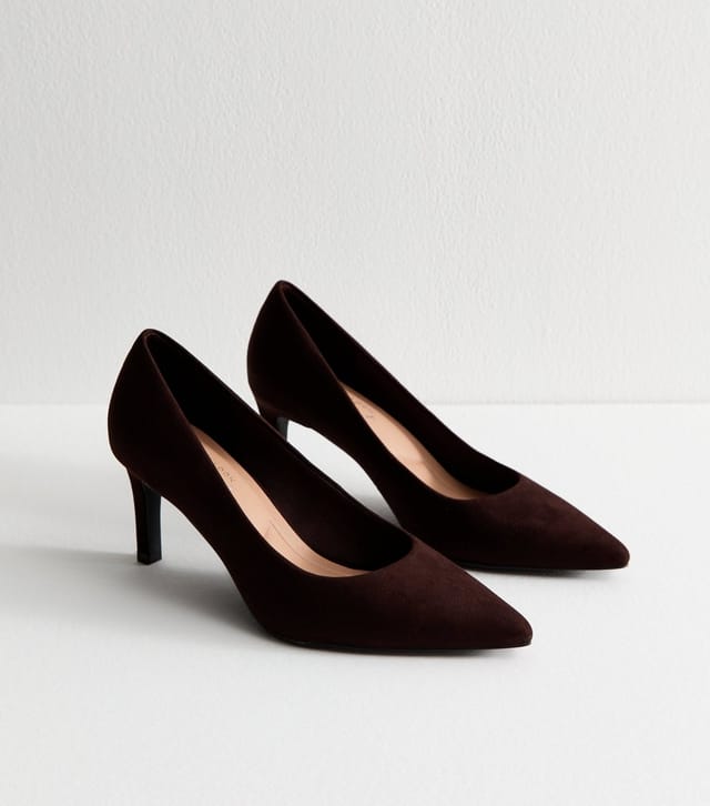 New Look Women's Dark Brown Faux Suede Pointed Toe Court Shoes Vegan New Look - 3