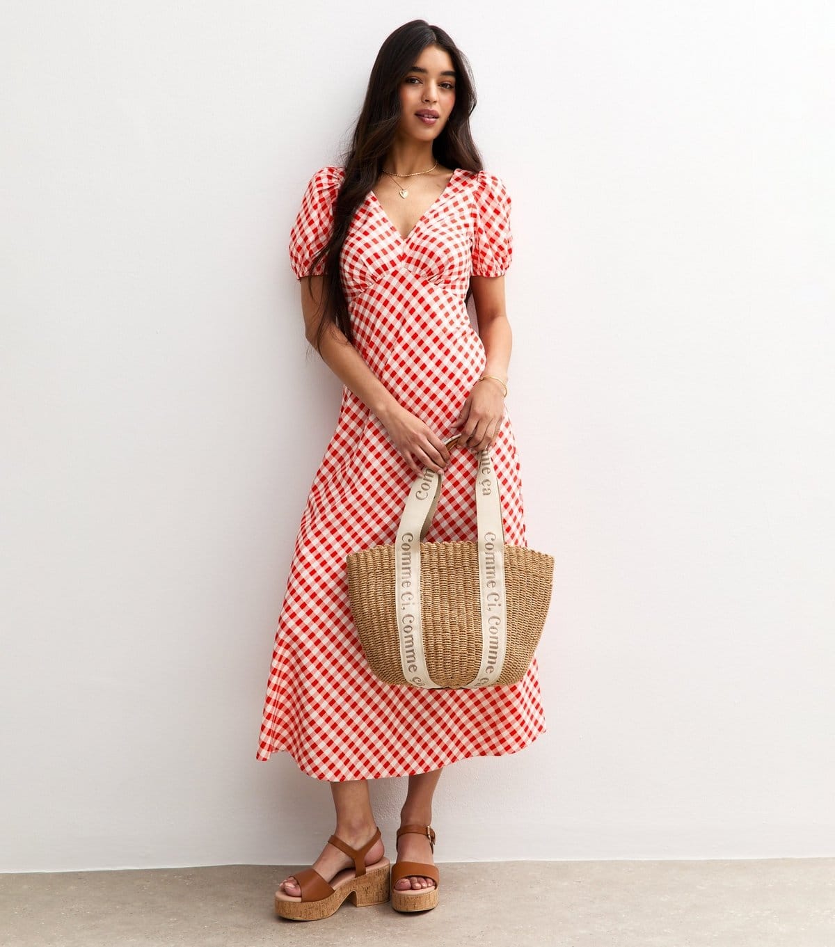 New Look Red Gingham V-Neck Midi Dress
