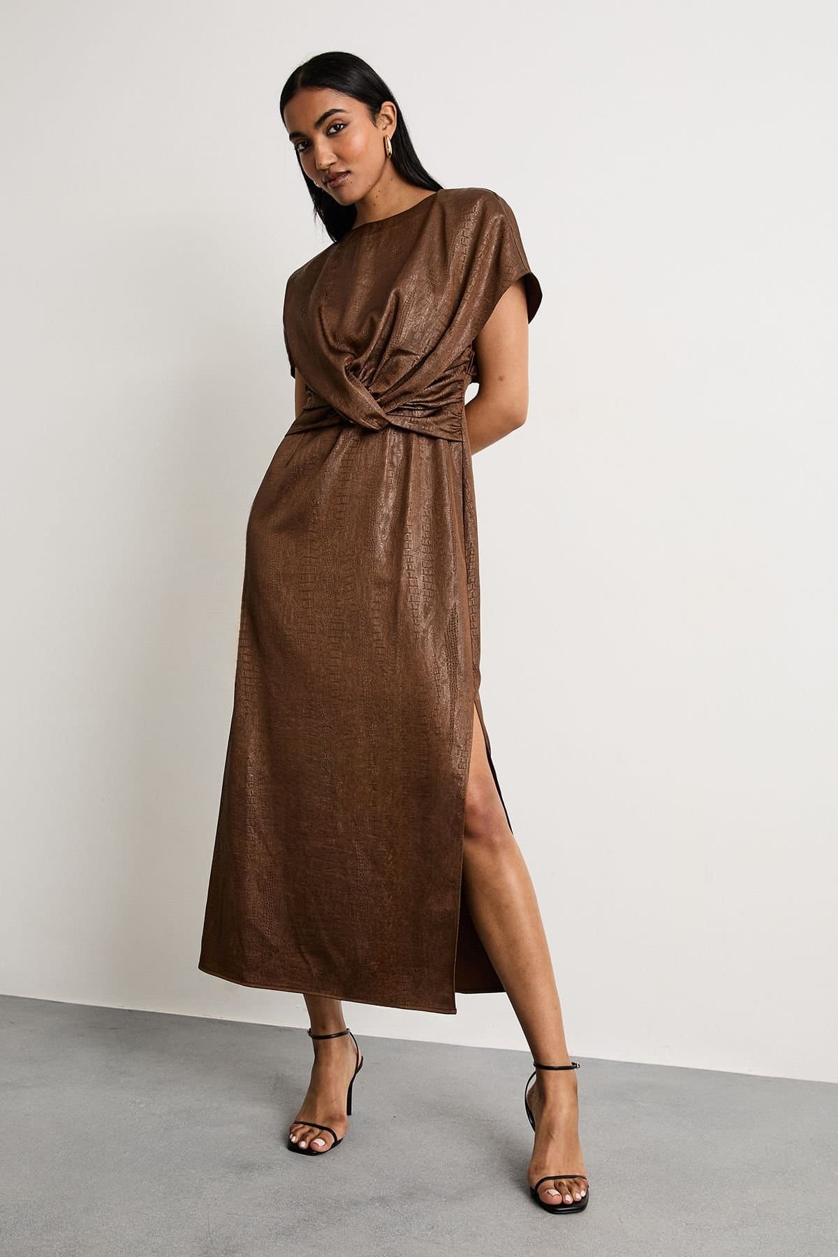 Warehouse Warehouse Women's Leather Look Satin Twist Front Detail Midi Dress in Chocolate