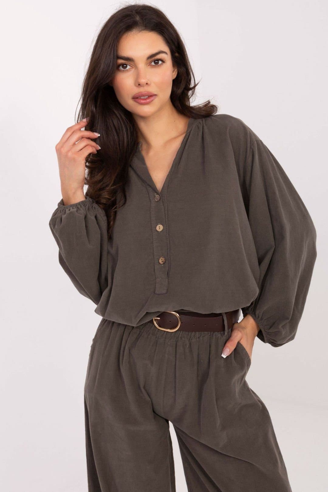 Love Lace Love Lace Women's Everyday Polyester Blouse with Puff Sleeves in Dark Olive