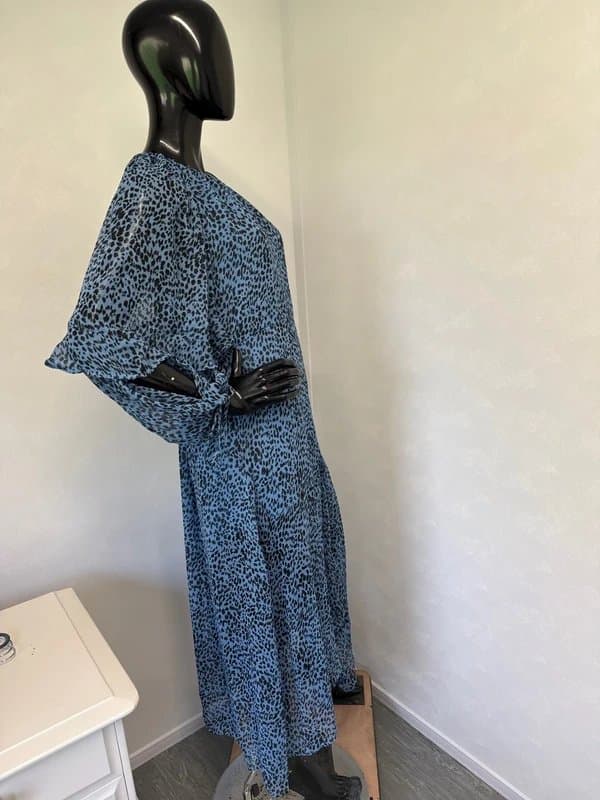 Topshop Topshop blue black chiffon puff sleeve midi dress party occasion summer uk10