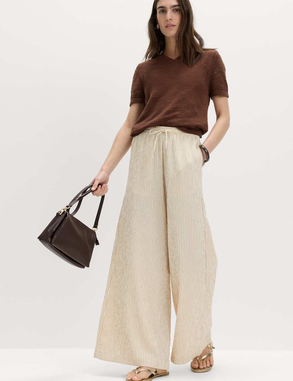 Marks & Spencer M&S Seersucker Pull On Wide Leg Trousers Brown Mix