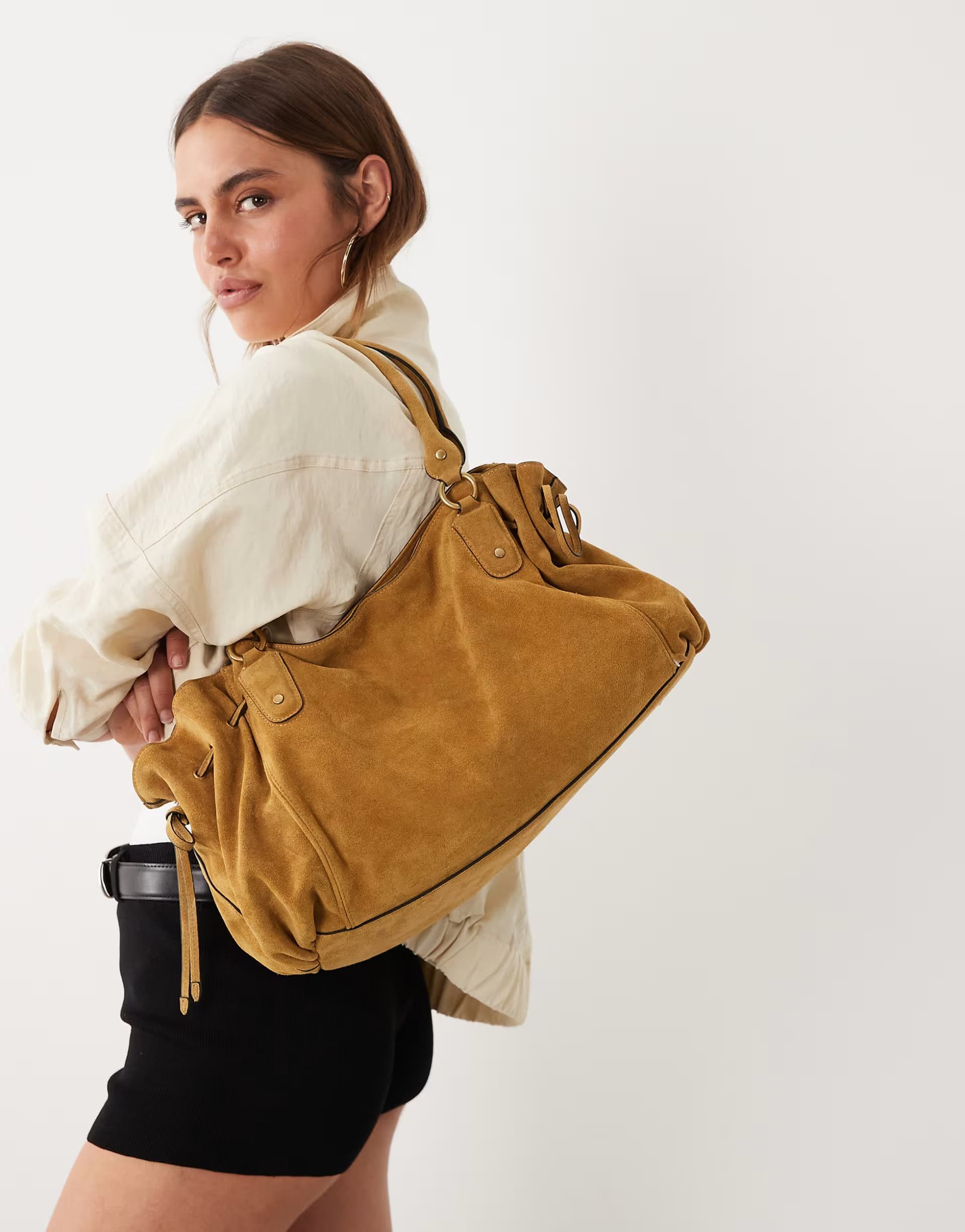 ASOS Mango starring Hailey Bieber 100% leather slouch shoulder bag in brown