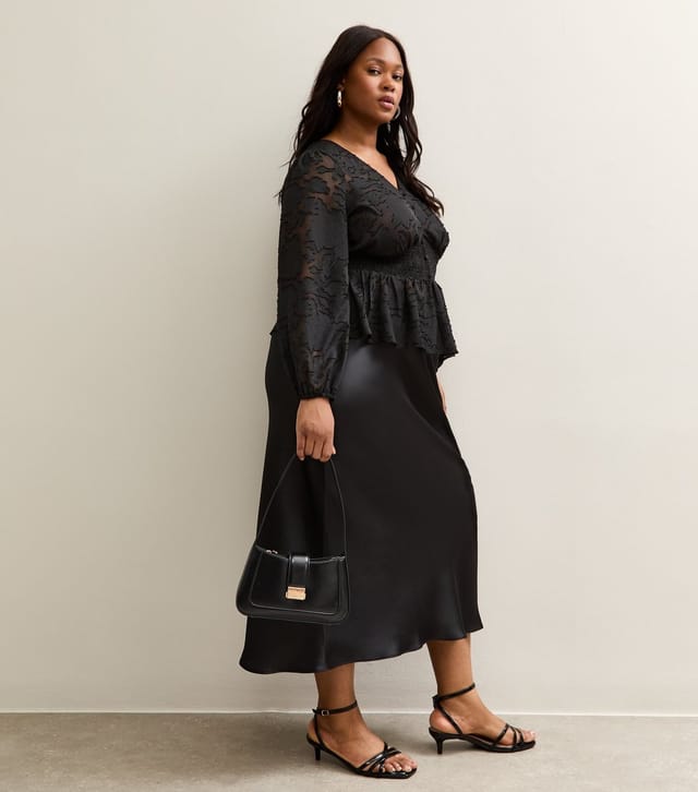 New Look Women's Plus Size Black Satin Bias Cut Midi Skirt Curves New Look - 3