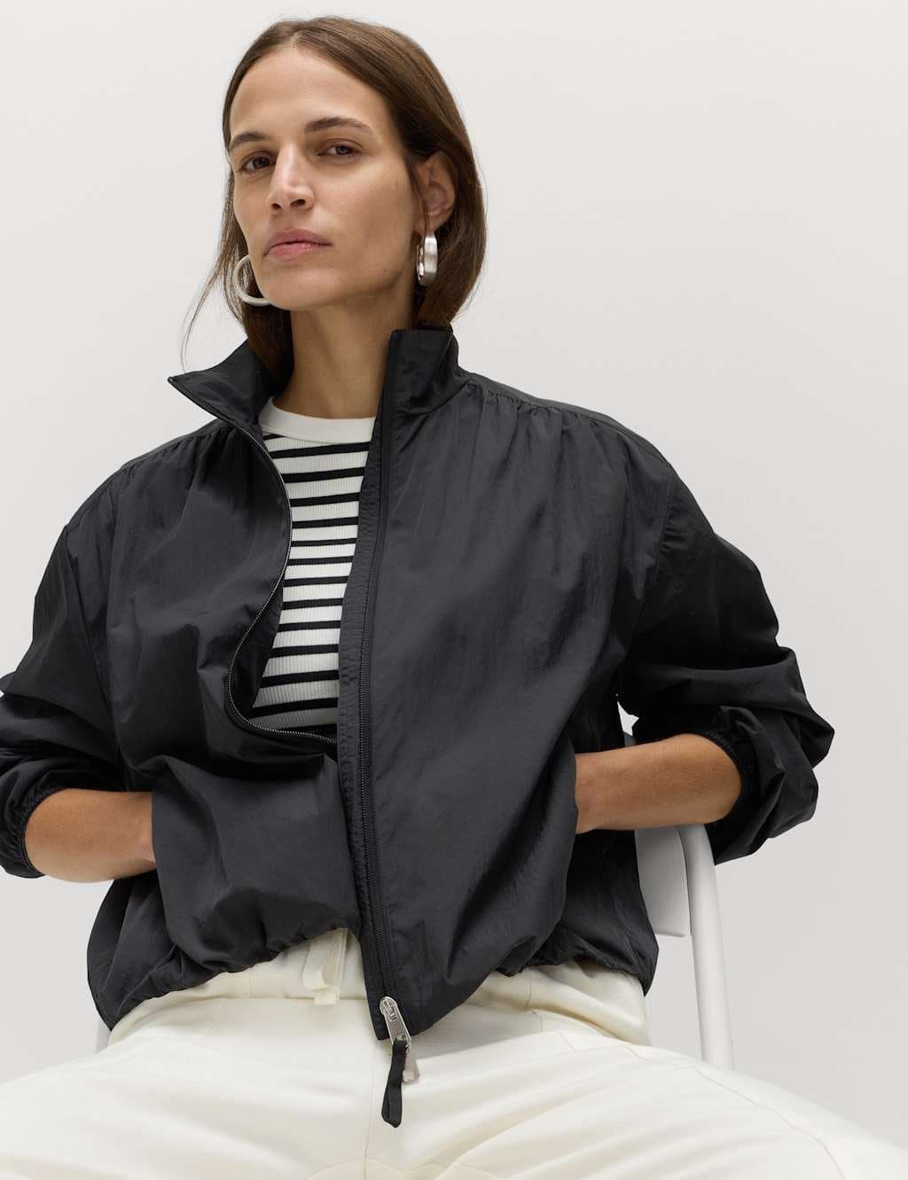 Marks & Spencer M&S Stormwear™ Lightweight Funnel Neck Gathered Jacket Black