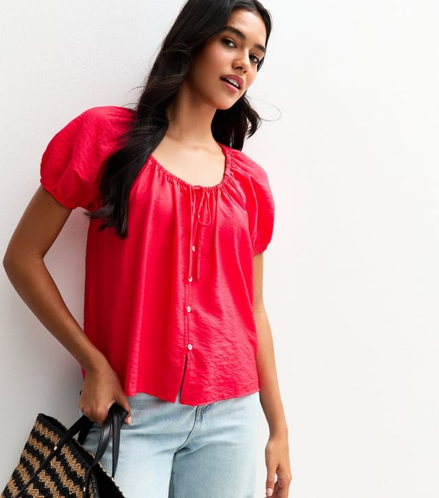 New Look Women's Red Crinkle Buttoned Top New Look - 2