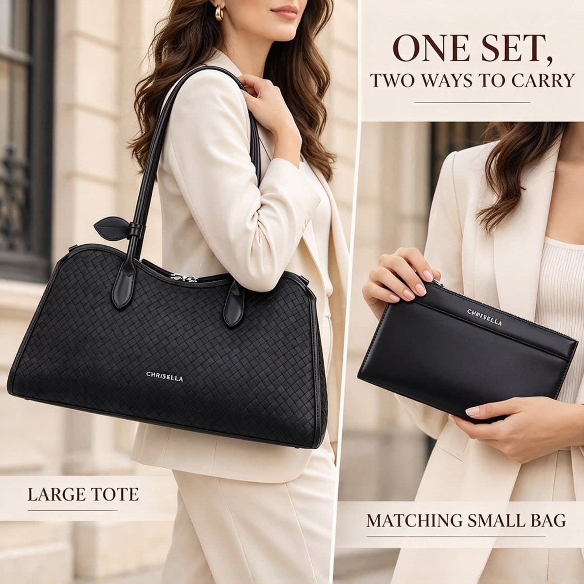 Chrisbella London Chrisbella London Women's Woven Textured Tote Bag with Shoulder Handles & Pouch in Black