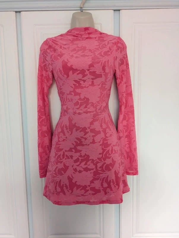 ASOS ASOS Design long sleeve mini dress with open back in pink devore size 4-6